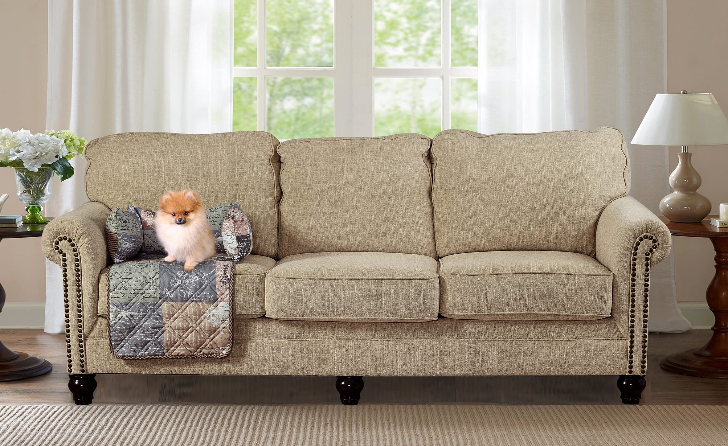 Brilliant Sunshine Latte Grey Paris and Toile Floral Patchwork Pet Sofa Bed, Quilted, Slip Resistant, Washable Couch Protector with Bolster Cushions, Furniture Cover for Dogs, Cats, Small, Latte Grey