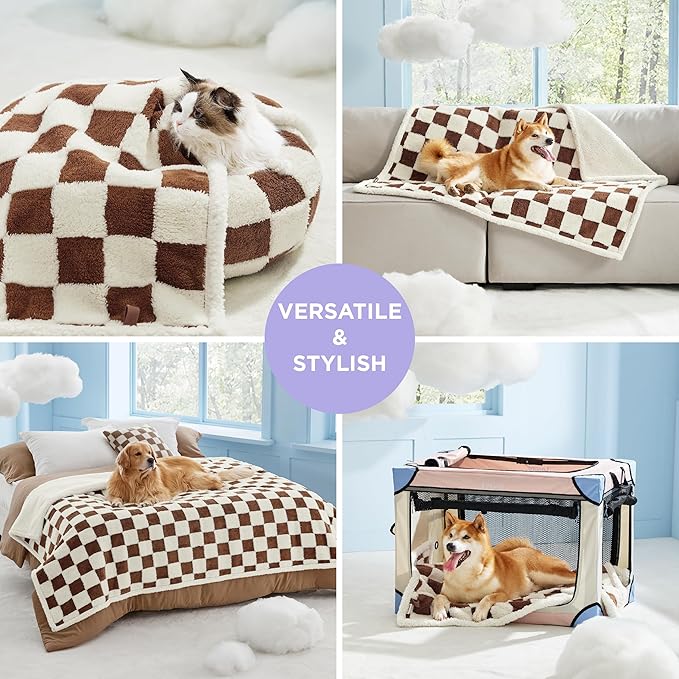 LE SURE Waterproof Puppy Blanket for Small Dogs - Washable Double Sided Dog Blankets with Warm Jacquard Shag and Soft Sherpa Fleece, Pet Cat Blanket for Couch Protection, 3D Textured Checks, Brown