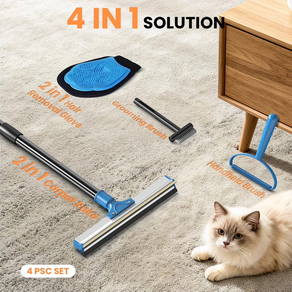 4-in-1 Pet Hair Removal Tool Set - Dual-Head Carpet Rake & Floor Scraper, Small Carpet Scraper, Pet Hair Glove, Matted Hair Rake for Dogs & Cats, Multi-Scene Pet Supplies for Sofa, Carpet, Floor,Blue