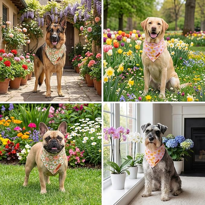 ADOGGYGO Floral Dog Bandanas 2 Pack, Daisy Flower Puppy Scarf, Premium Fabric, Adjustable Fit Spring Summer Floral Bandanas for Medium Large Dogs (Large)