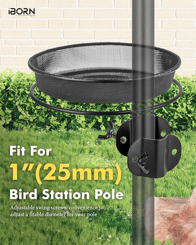 iBorn Bird Feeders Station Mesh Tray and Ring for 1” Pole Stand Station Outdoor Accessory for Humming Bird Feeders for Outside,5SECOND to Install,Fit for 1 Inch Pole,1 Inch Wooden Stick,Pack of 2