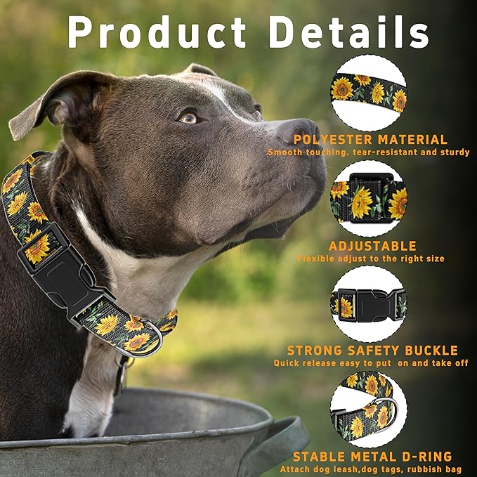 Seyezo Dog Collar for Boys Girls, Sunflower Puppy Collar for Small Medium Large Dogs, Adjustable Soft Floral Pet Collar with Safety Buckle for Male Females(Black Sunflower,M)