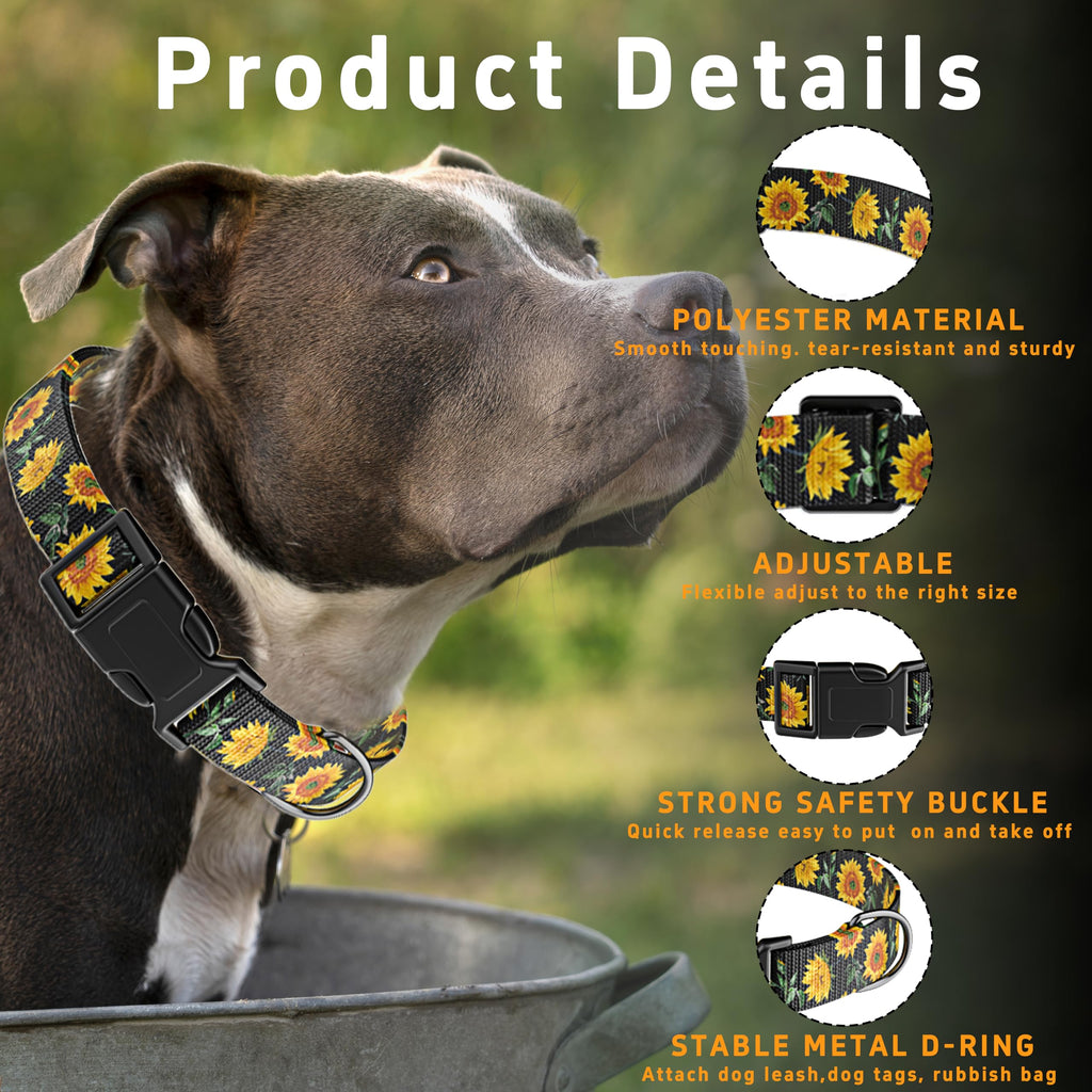 Seyezo Dog Collar, Sunflower Puppy Collar for Boys Girls Black Sunflower, L