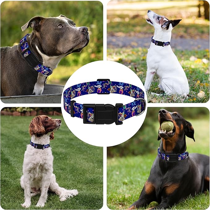 Seyezo Dog Collar, Classical Birthday Gift Boys Girls Puppy Collar for Small Medium Large Dogs, Adjustable Soft Pet Collar with Safety Buckle for Male Females(Purple Birthday, XL)