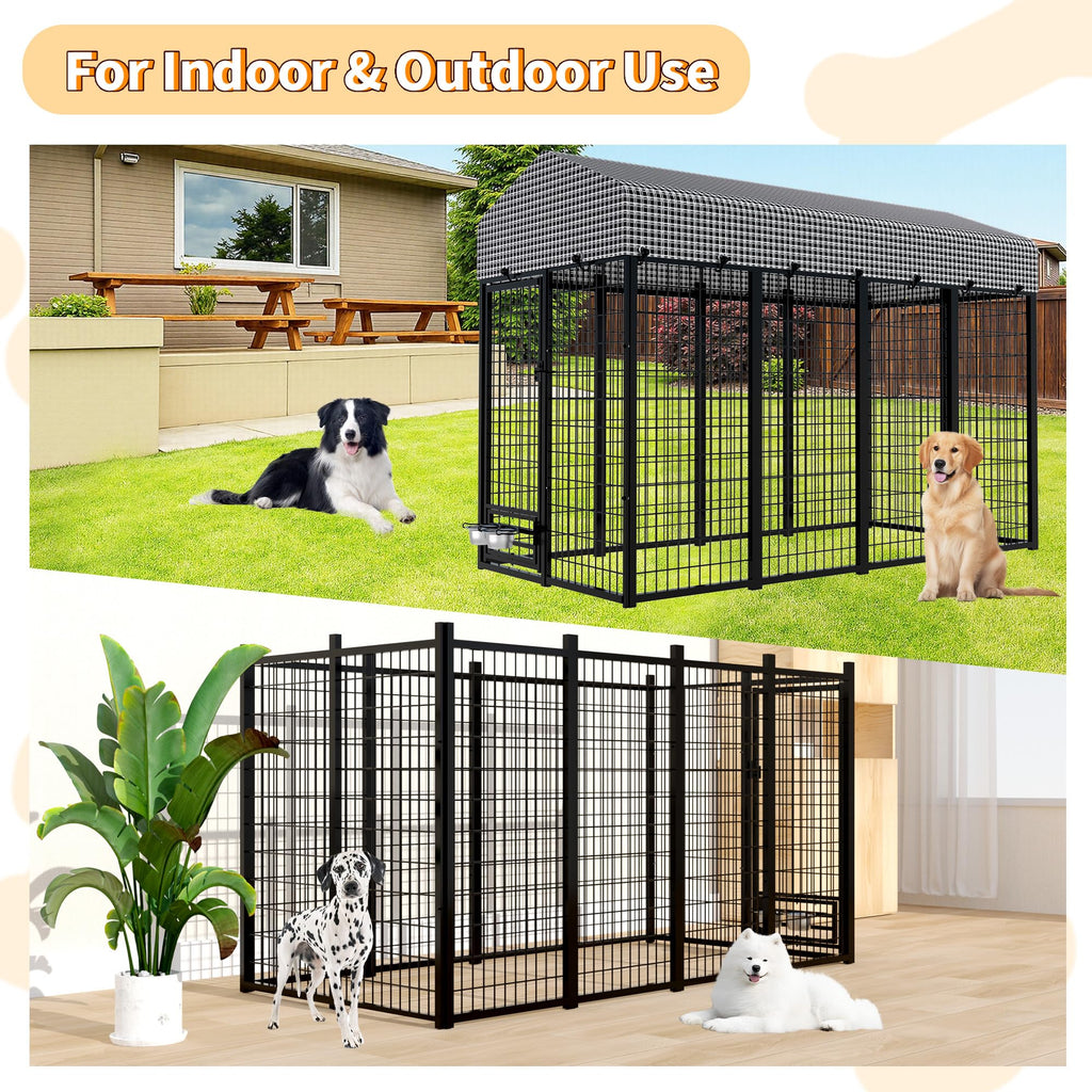 Kicari Large Dog Kennel Outside with Roof, Heavy-Duty Indoor Outdoor Dog Run Dog Enclosure with Removable Cover, Dog Pens Outside Playpen with Latch-Lock & Swivel Feeding Door, 4x8x6 Ft