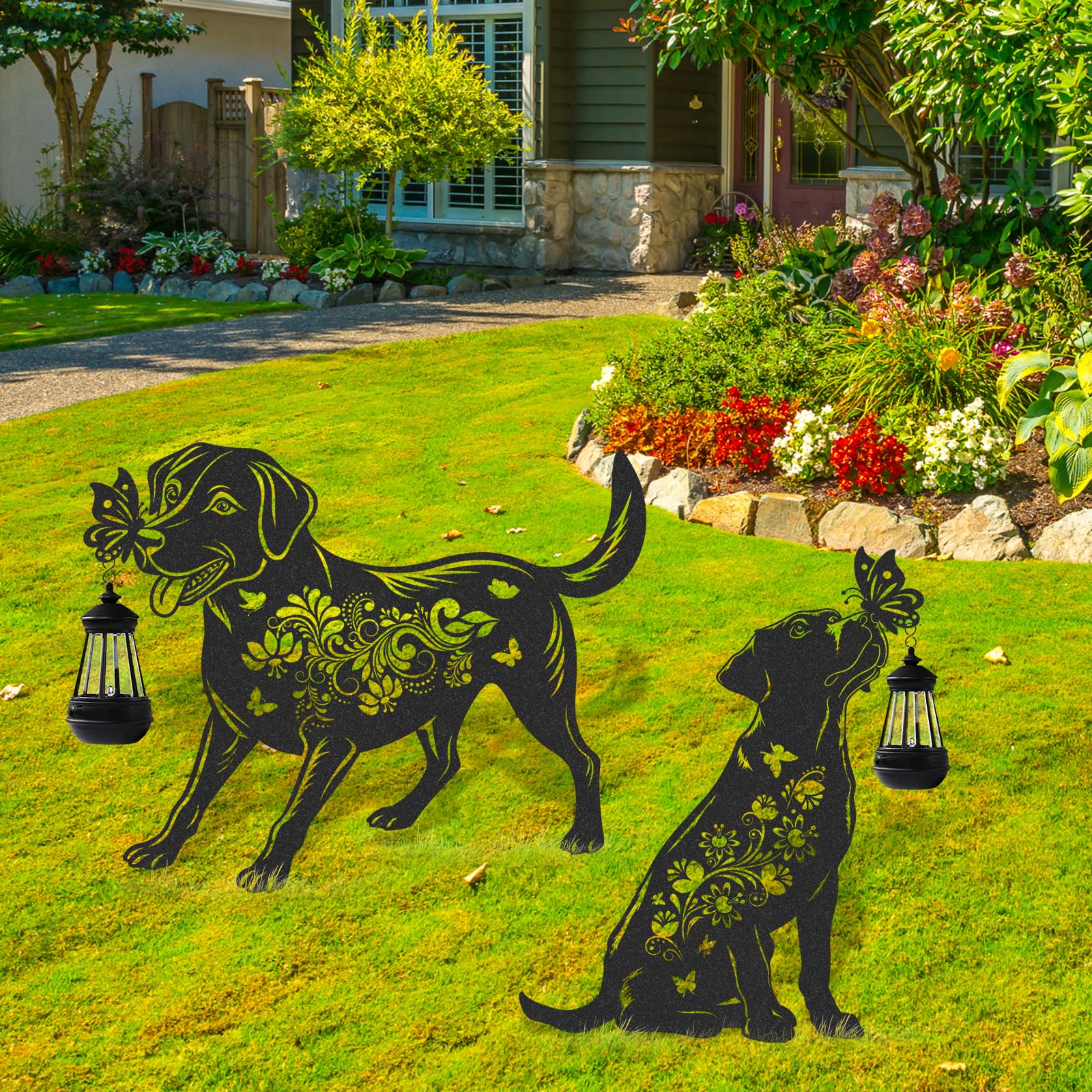 LIRAVENO Solar Lights Garden Decor - 2 Pcs Metal Dog Statues Outdoor