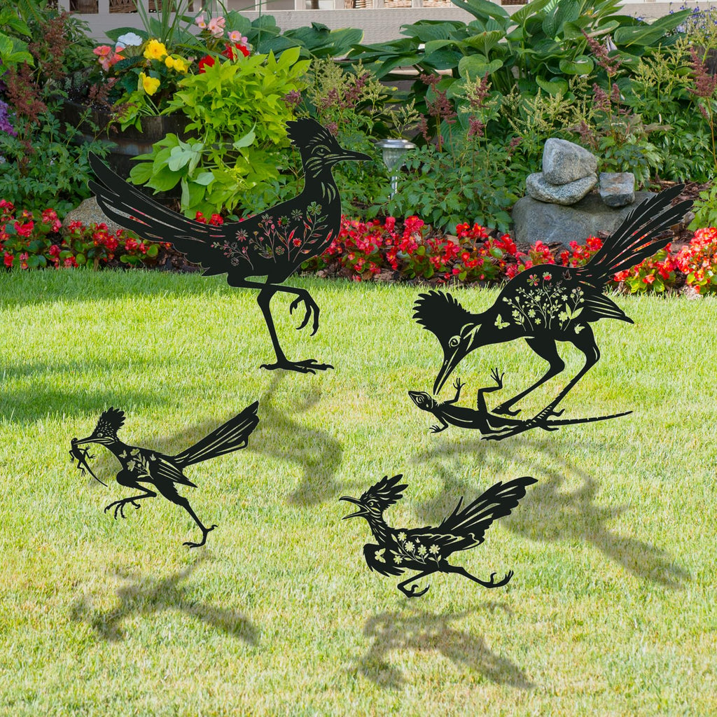 Rngmsi Roadrunner Metal Garden Stakes Yard Decor, 4PCS Black Roadrunner Silhouette Statues Garden Decorative Gifts for Yard Art, Patio, Outside, Lawn Ornaments, Christmas, Backyard, Pathway