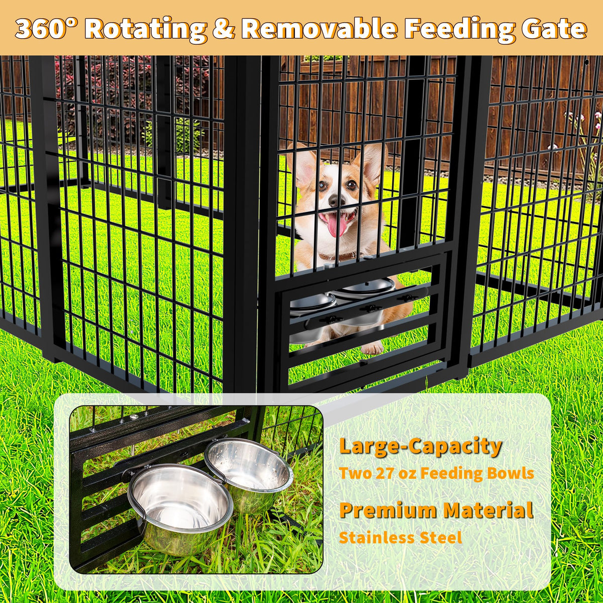 Kicari Large Dog Kennel Outside with Roof, Heavy-Duty Indoor Outdoor Dog Run Dog Enclosure with Removable Cover, Dog Pens Outside Playpen with Latch-Lock & Swivel Feeding Door, 4x8x6 Ft