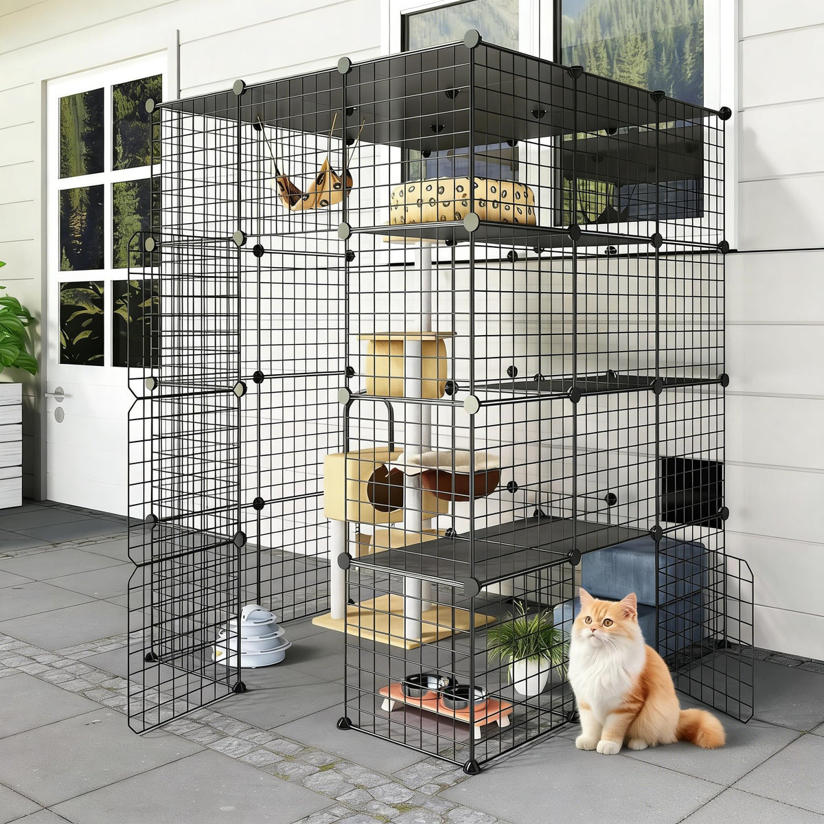 Oneluck Outdoor Cat House Cat Cages Enclosure with Super Large Enter Door, Balcony Cat Playpen with Platforms,DIY Kennels Crate Large Exercise Place Ideal for 1-3 Cats (55L x 28W x 55H)