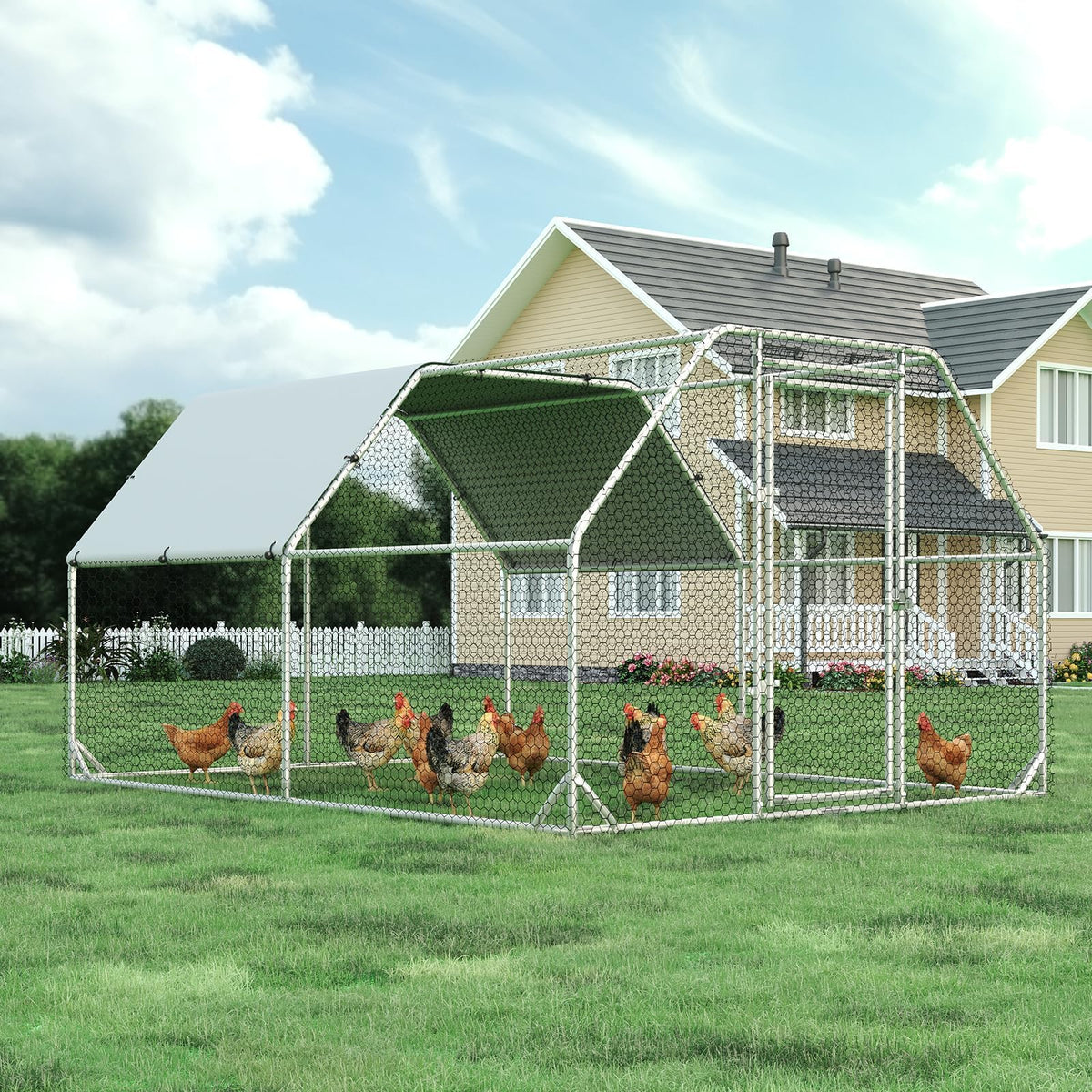4ever2buy Metal Chicken Coop, 9.2x6.3 FT Walk-in Chicken Run Pen Poultry Cage, Water-Resistant & Anti-UV Cover, Large Chicken Coop for 6-8 Chickens