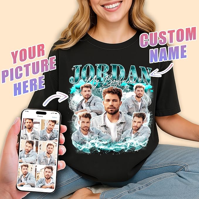Tehg & Tuhg Custom T Shirts with Picture, Vintage Bootleg Rap Tee, Boyfriend Girlfriend, Unique Gift for Birthday Anniversary