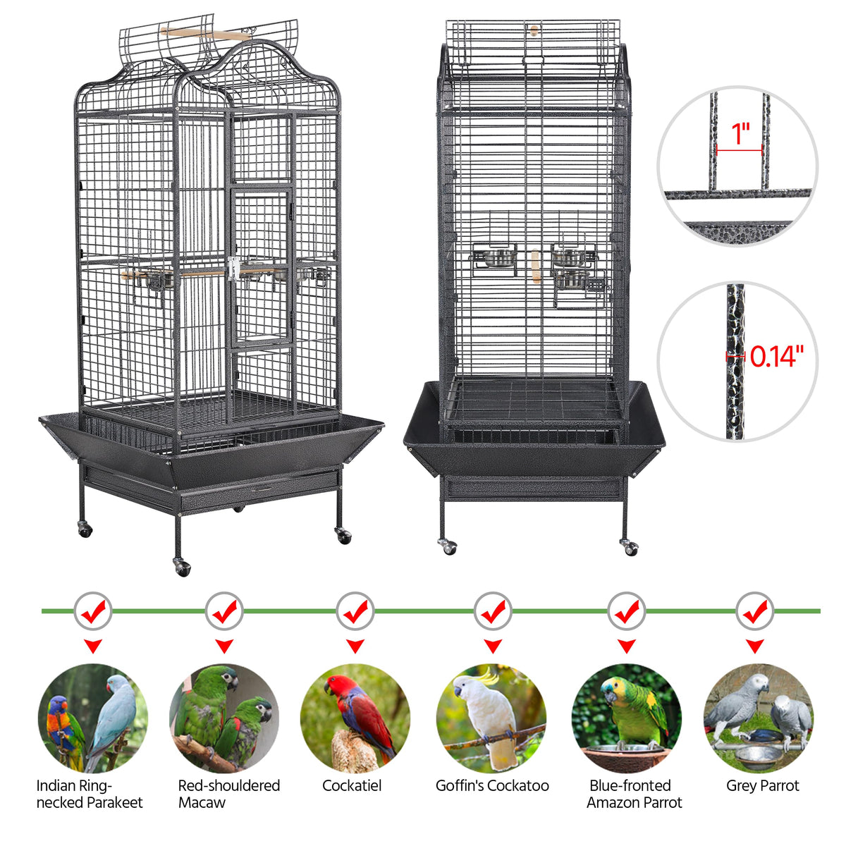 Yaheetech Extra Large Bird Cage 63'' Open Play Top Bird Cage for African Grey Parrots/Amazon Parrot/Caiques/Macaw with 360° Wheels