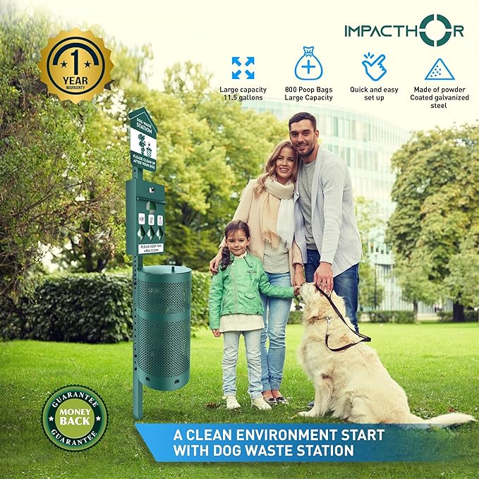 IMPACTHOR Dog Waste Station Outdoor Pet Waste Station- Desing With 4 Holes And 800 Dog Poop Bags, 50 Waste Can Liners, 3 Poop Bag Holders & 2 Set Of Keys, For Commercial Use, Parks, Condos & HOA