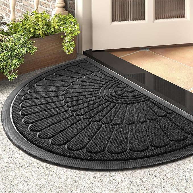 tchdio Door Mat Outdoor Indoor Entrance Doormat-Semicircular Durable Rubber Non Slip Front Door Mat for Outside Inside Entry Entryway Dirt Trapper WelcomeMat for Muddy Paws and Shoes-Black 17”x30”