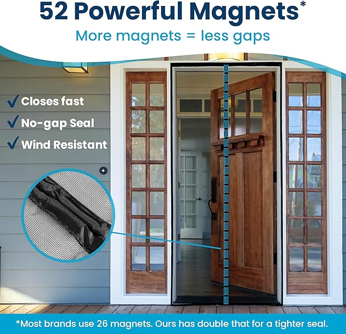 Flux Phenom Magnetic Screen Door - Bugs Out, Breeze in - 9min Install Auto-Sealing Heavy Duty Double Stitched Mesh, 52 Magnets, Hands Free Sliding & Patio Doors Net, Pet & Kid Friendly, 38 x 82 Inch