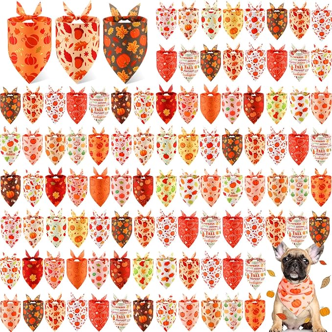 Chunful 100 Pieces Thanksgiving Dog Bandanas Bulk Fall Autumn Pet Bandanas with Leaves Patterns Triangle Scarf Bib Kerchief Set for Small Large Dog Costume Accessories (25.6 x 17.7 x 17.7)