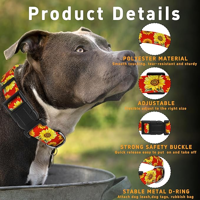 Dog Collar, Floral Boys Girls Puppy Collar for Small Medium Large Dogs, Adjustable Soft Pet Collar with Safety Buckle for Male Females (Red Sunflower, M)