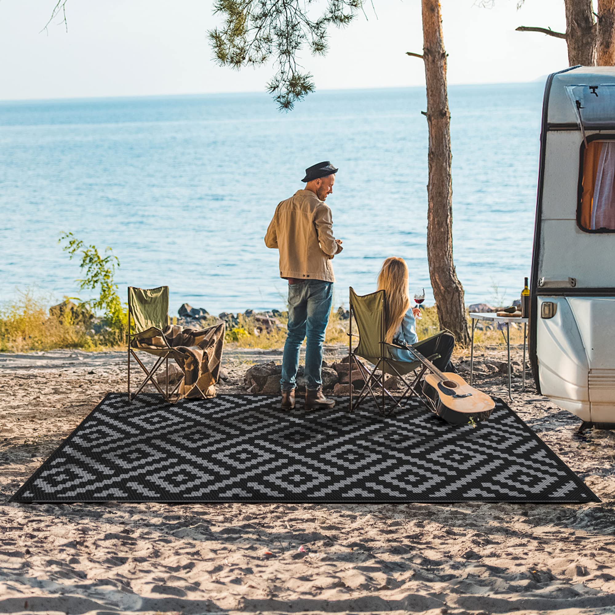 GENIMO Outdoor Rug 4x6 Waterproof, Reversible Mats, Outdoor Area Rug, Plastic Outside Carpet, Eeometric Rv Mat for Patio Camping Rv Picnic Backyard Deck Balcony Porch Beach (Black & Grey)