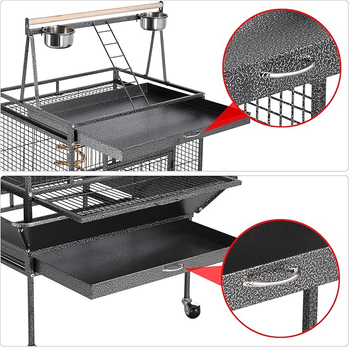 Yaheetech 69-inch Wrought Iron Rolling Large Parrot Bird Cage for African Grey Small Quaker Amazon Cockatiel Sun Parakeet Green Cheek Conure Dove Lovebird Budgie Play Top with Stand
