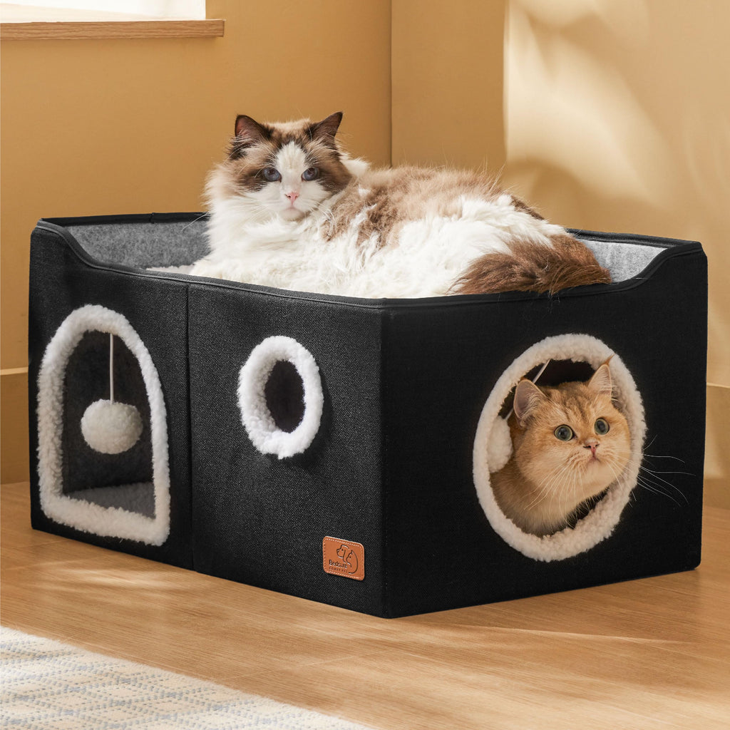 Bedsure Extra Wide Cat House Bed with Fluffy Ball and Scratch Pad,Black