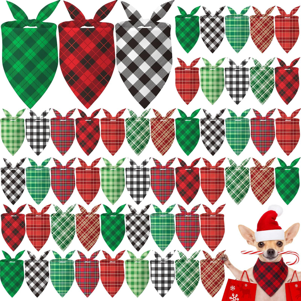 Weewooday 50 Pcs Christmas Red and Green Plaid Dog Bandanas Bulk for Medium