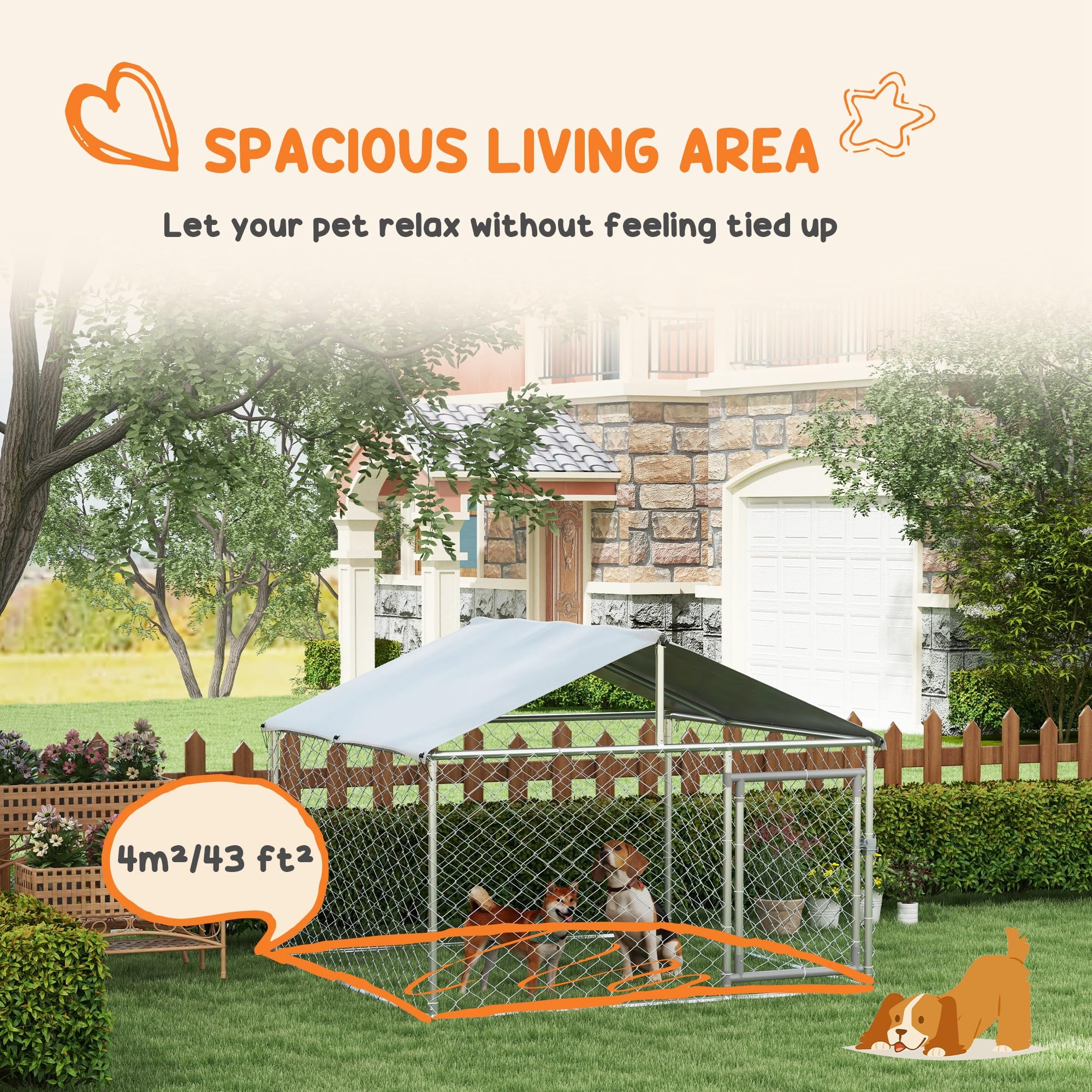 PawHut Outdoor Dog Kennel, Heavy Duty Dog Run Outdoor Fence with Waterproof Cover, Galvanized Chain Link, Secure Lock, for Large Breeds, Chickens, Ducks, 6.5' x 6.5' x 5'