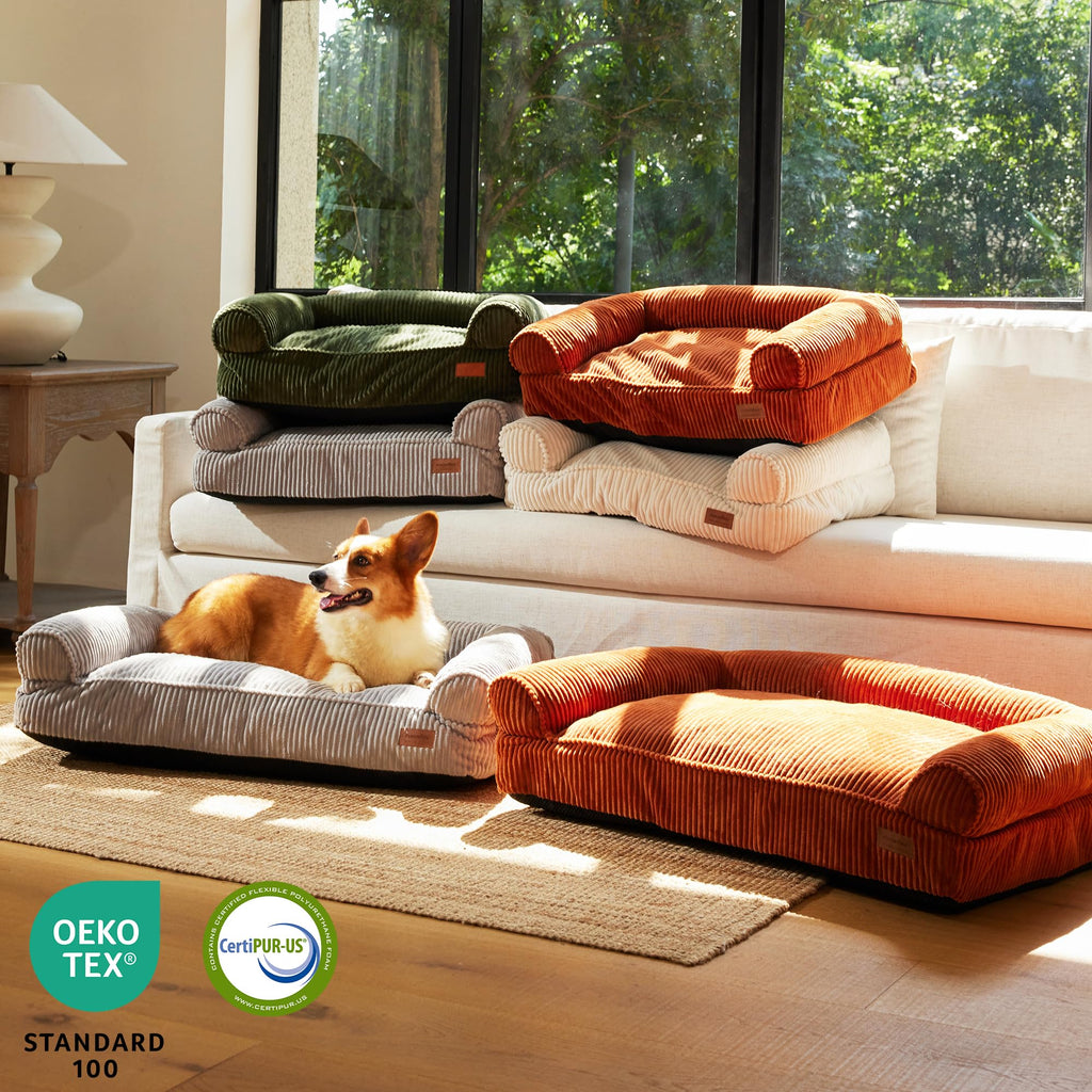 FUKUMARU Cute Dog Bed, Waterproof Corduroy Dogs Couch, 36in Orthopedic Pet Sofa for Medium to Large Dogs Dog, Warm Cotton Pet Bed with Washable Cover, Orange