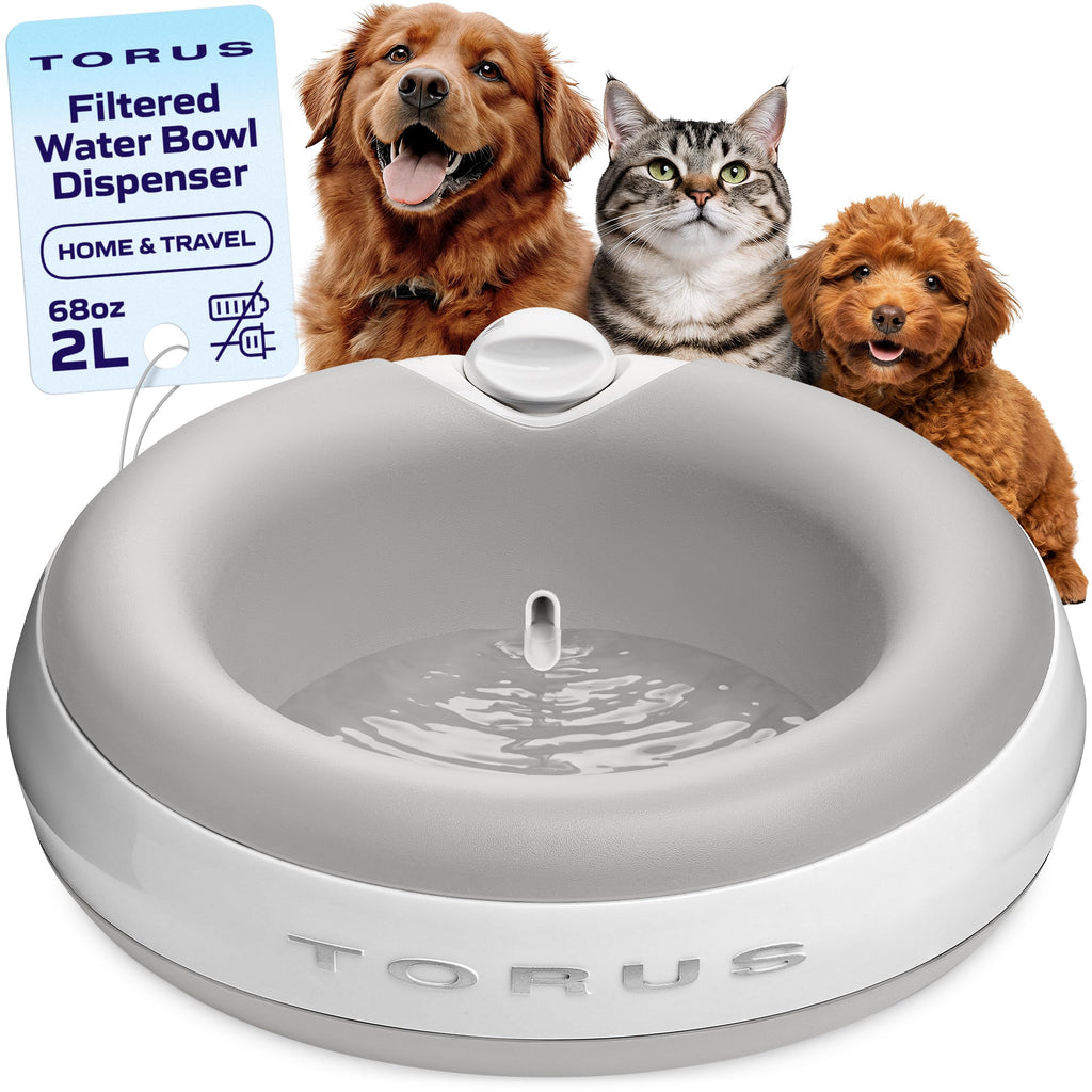 TORUS PET Maxi Filtered Dog Water Bowl, 2L/68oz — No Power or Batteries Needed, Auto-Refill, No Spill, Portable Travel Lock, Carbon Filter, BPA-Free, Dogs & Cats