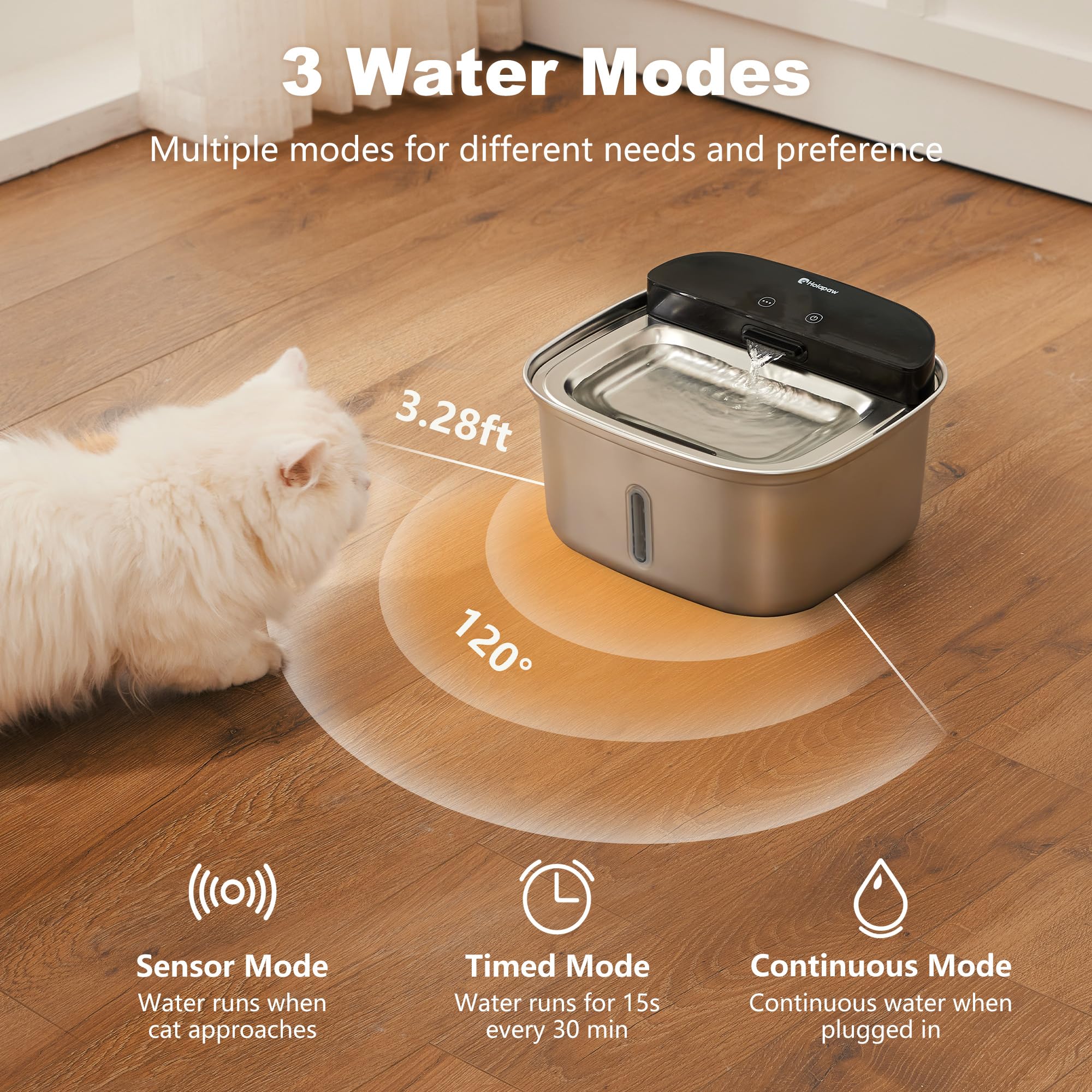 HOLAPAW Wireless Cat Water Fountain Stainless Steel, 128oz/3.78L Cordless Automatic Water Dispenser for Cats and Dogs, Battery Operated Drinking Fountain for Pets with Motion Sensor, Ultra Quiet Pump