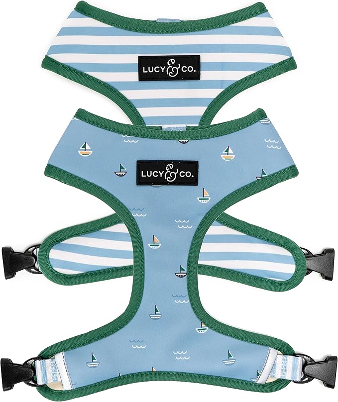 Lucy & Co. Reversible Dog Harness - Water-Repellent Neoprene, Dual-Print Design, Easy Swap Style, Adjustable Comfort Fit - Set Sail Reversible Harness - X-Large
