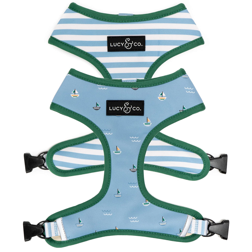 Lucy & Co. Reversible Dog Harness - Water-Repellent Neoprene, Dual-Print Design, Easy Swap Style, Adjustable Comfort Fit - Set Sail Reversible Harness - Small
