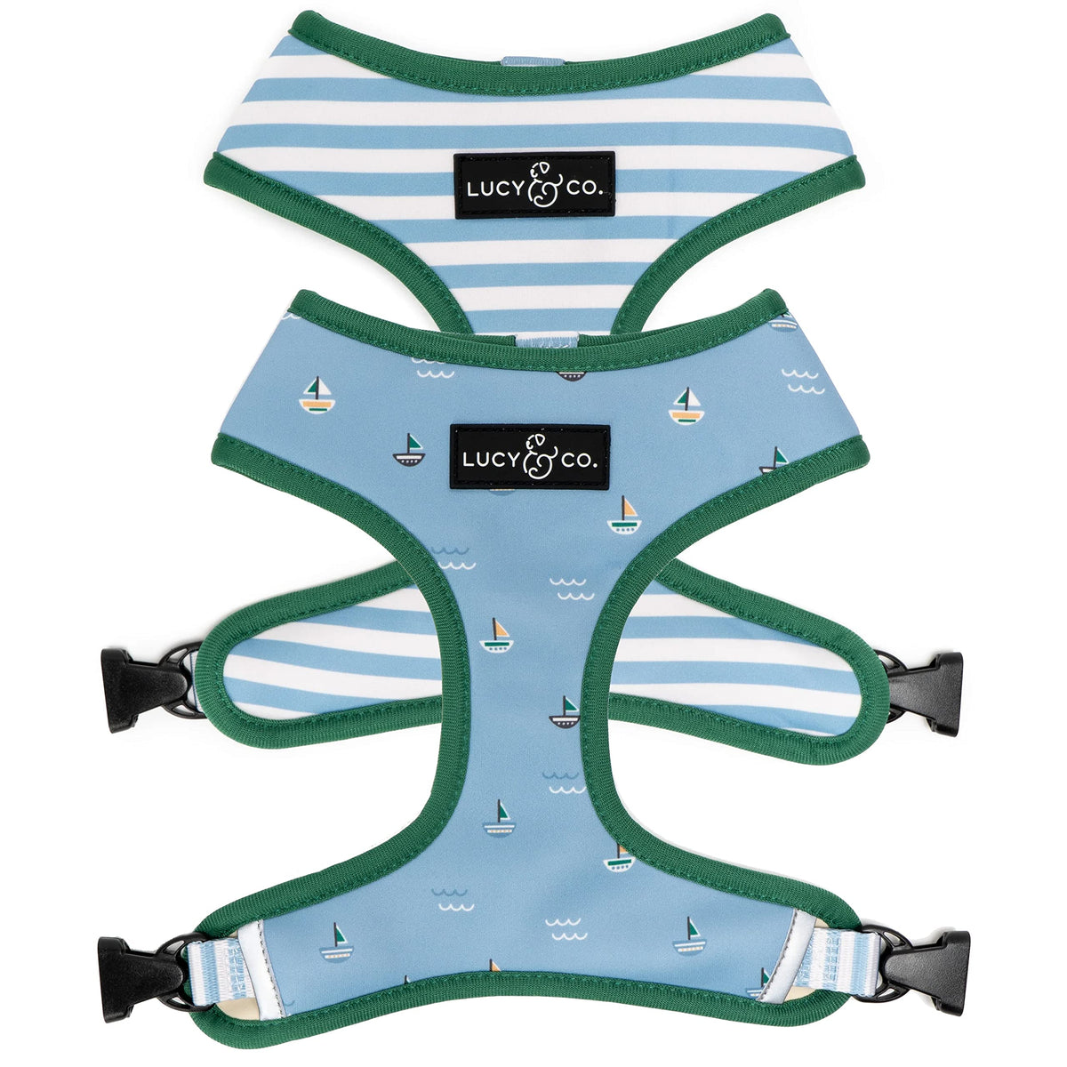 Lucy & Co. Reversible Dog Harness - Water-Repellent Neoprene, Dual-Print Design, Easy Swap Style, Adjustable Comfort Fit - Set Sail Reversible Harness - X-Large