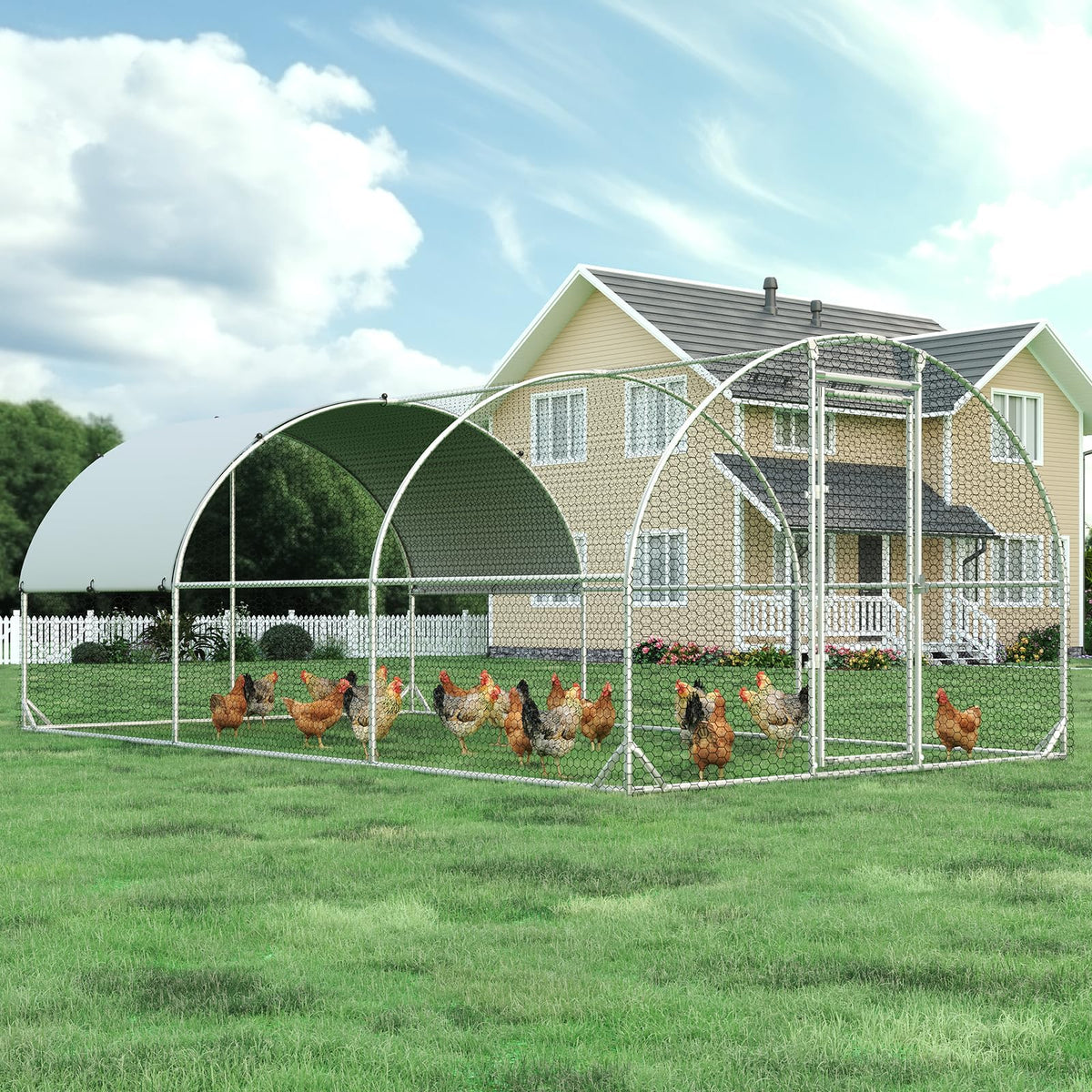 4ever2buy Metal Chicken Coop, 9.2x6.3 FT Walk-in Chicken Run Pen Poultry Cage, Water-Resistant & Anti-UV Cover, Large Chicken Coop for 6-8 Chickens