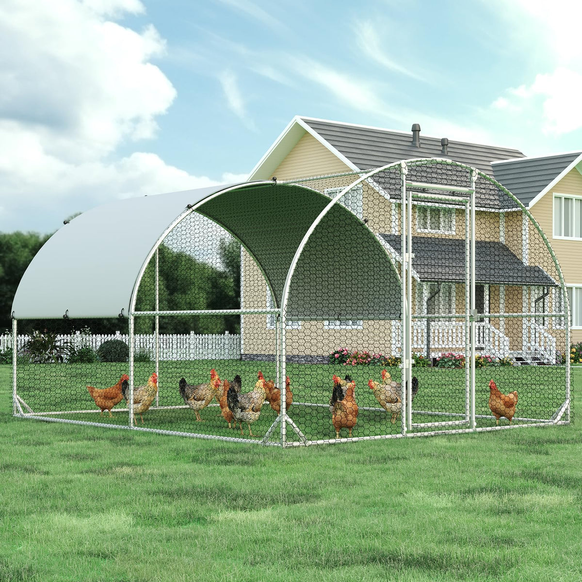 4ever2buy Metal Chicken Coop, 9.2x6.3 FT Walk-in Chicken Run Pen Poultry Cage, Water-Resistant & Anti-UV Cover, Large Chicken Coop for 6-8 Chickens