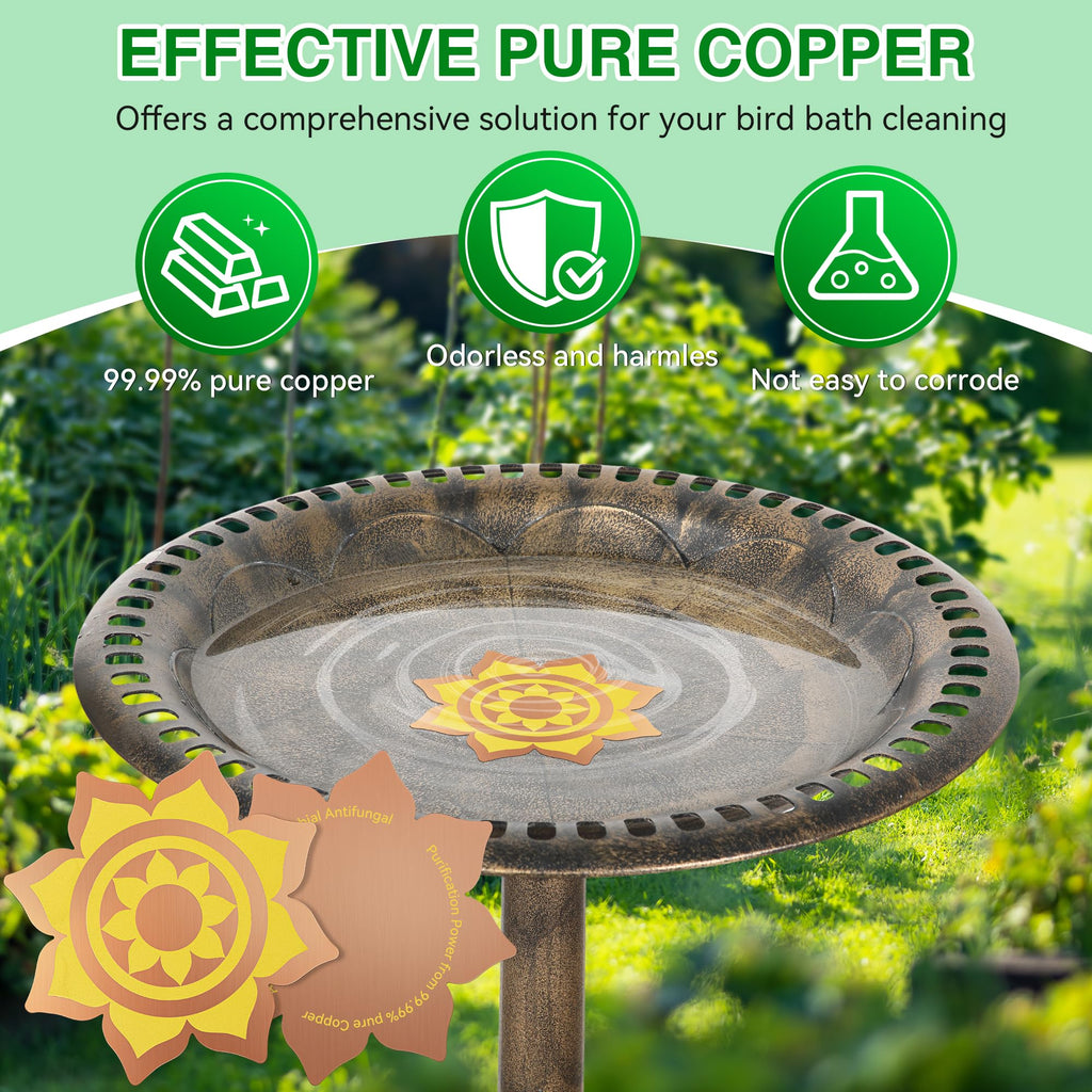 Saillong 2 Pack Bird Bath Copper Disk, Reinforced 99.99% Pure Copper Bird Bath Purification Disk for Physical Clean Water, Birdbaths Cleaner for Outdoor Birdbaths, Bowl and Garden Fountain (Petal)