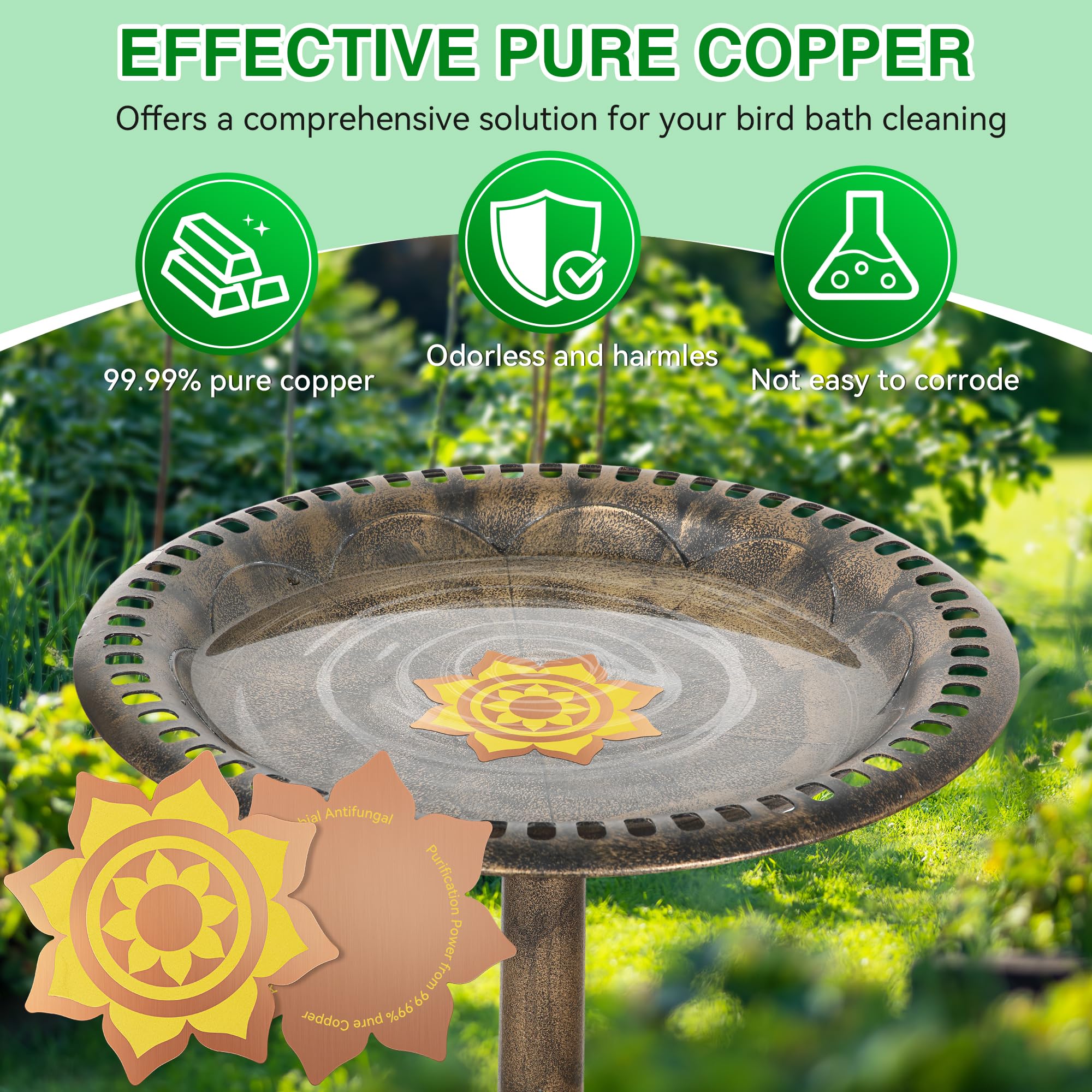 Saillong 2 Pack Bird Bath Copper Disk, Reinforced 99.99% Pure Copper Bird Bath Purification Disk for Physical Clean Water, Birdbaths Cleaner for Outdoor Birdbaths, Bowl and Garden Fountain (Petal)