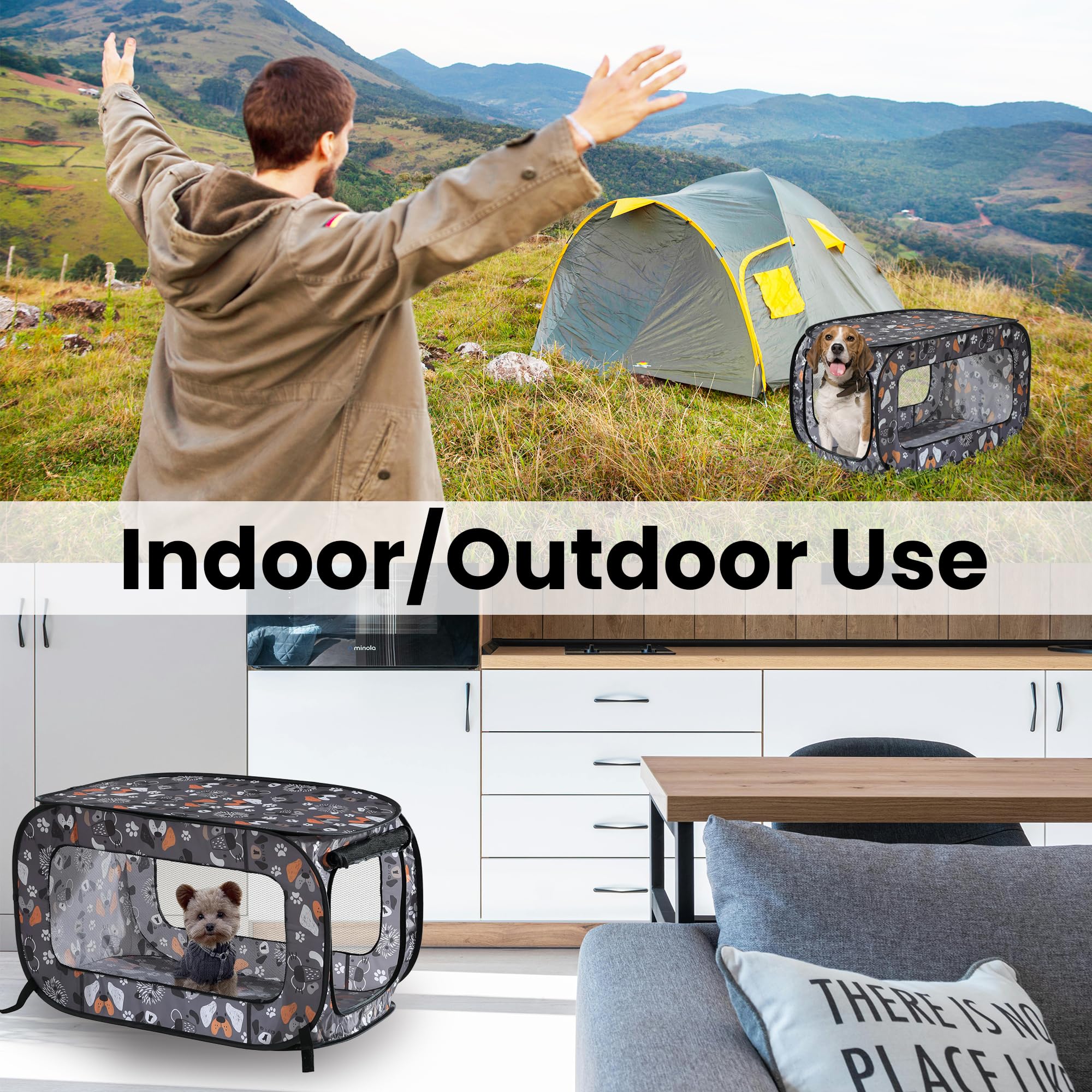 Portable Collapsible Pop Up Kennel, 24" L x 16.6" W x 16" H, Face of Love