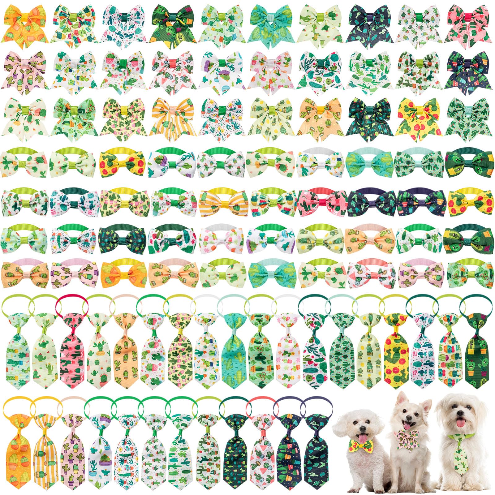 Reginary 100 Pieces Dog Bow Tie Collar Set Include 40 Dog Neckties, and 30 Puppy Bowties, 30 Collar Flowers, Adjustable Pet Ties Grooming for Small Medium Cats Pets Supply(Cactus)
