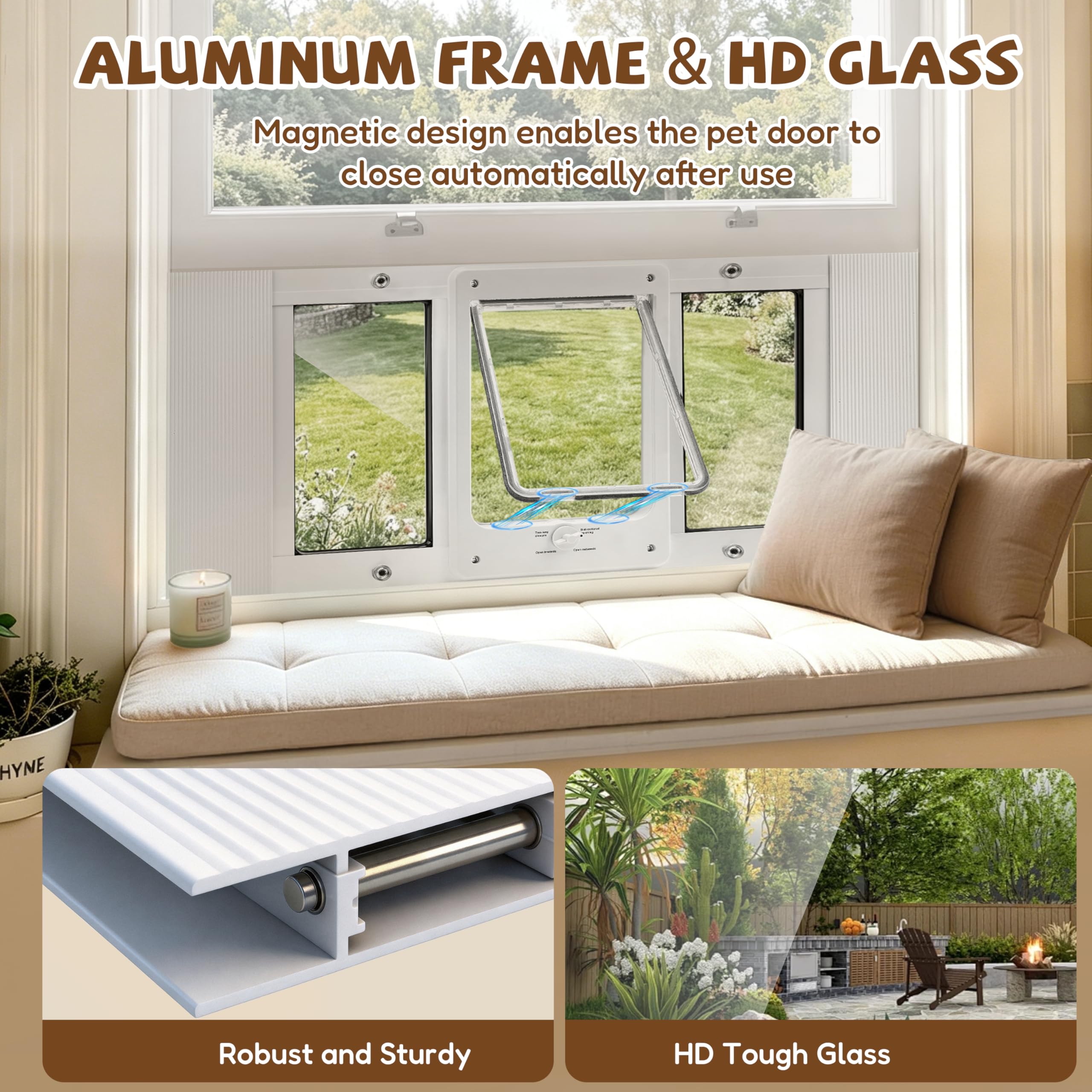 Full-Size Window Pet Door for Cats & Small Dogs, Width Adjustable Fits Sliding Windows, 10-Min Install, Aluminum Frame, HD High-Transparency Glass, Weatherproof Design, Magnetic Close