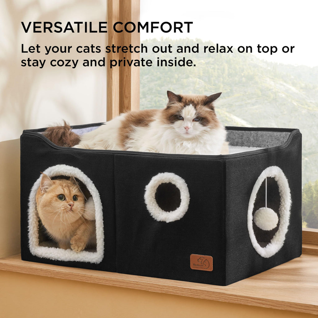 Bedsure Extra Wide Cat House Bed with Fluffy Ball and Scratch Pad,Black