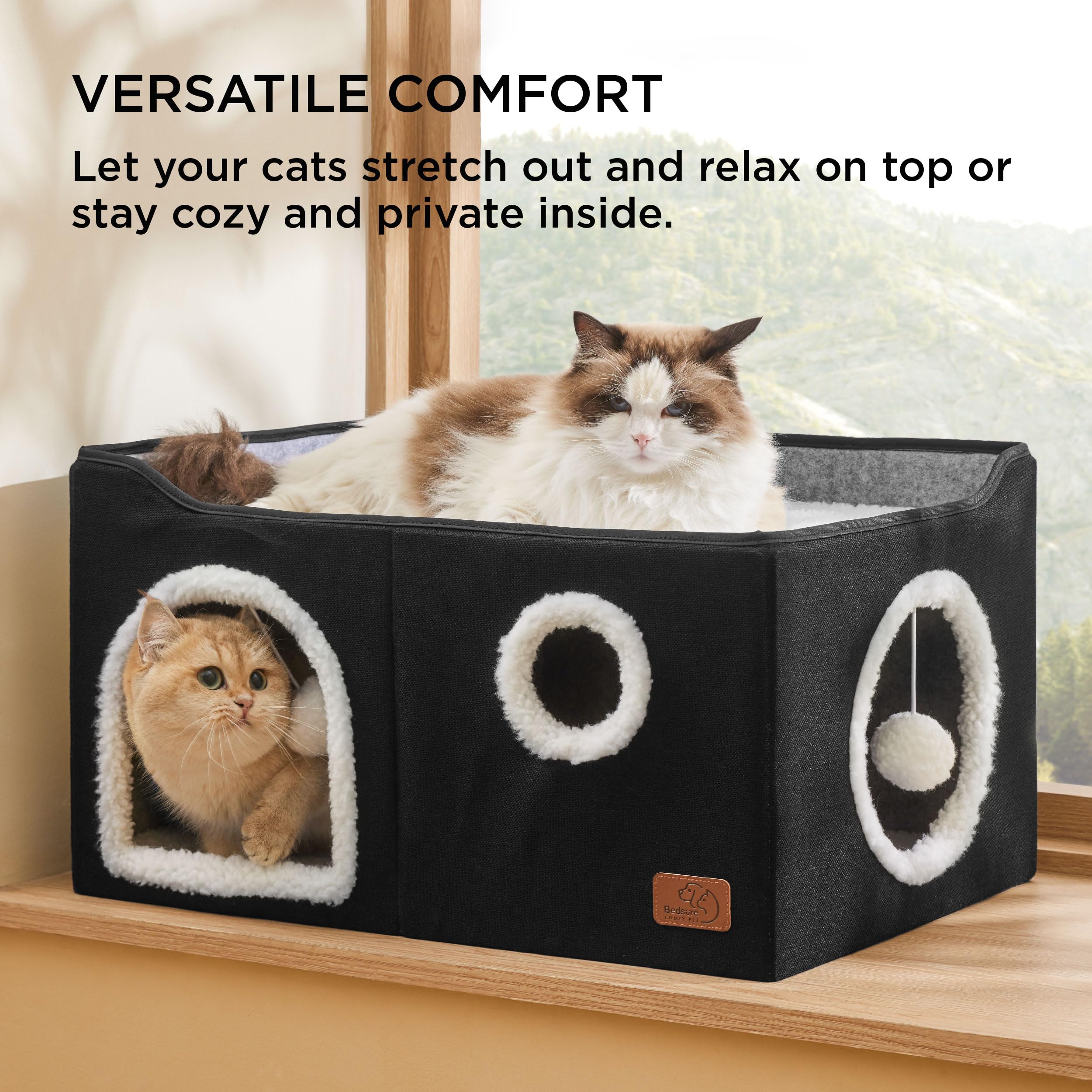 Bedsure Extra Wide Cat House Bed with Fluffy Ball and Scratch Pad,Black