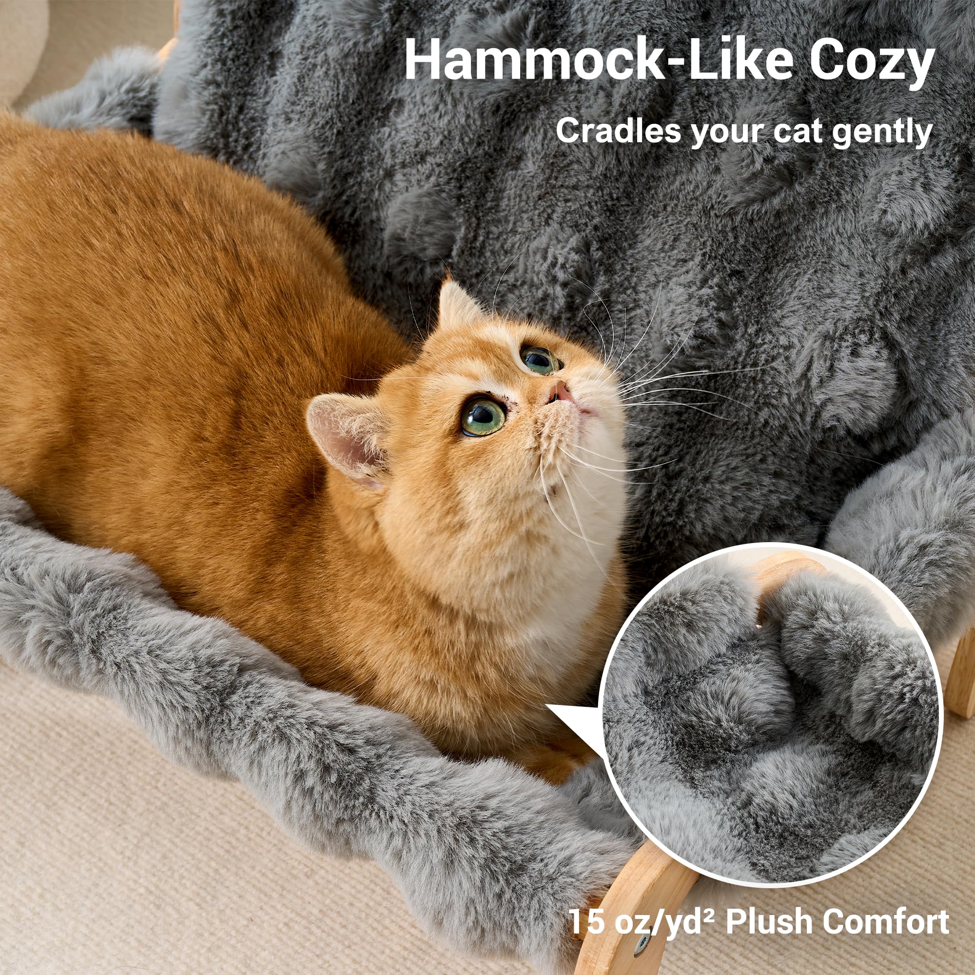 Kicari Solid Wood Cat Couch Bed for Indoor Cats, Modern Cat Sofa with Ultra-Soft Plush Surface Washable, Reclined Backrest, Elevated Plush Cat Lounge for Small to Adult Cats, Frost Gray