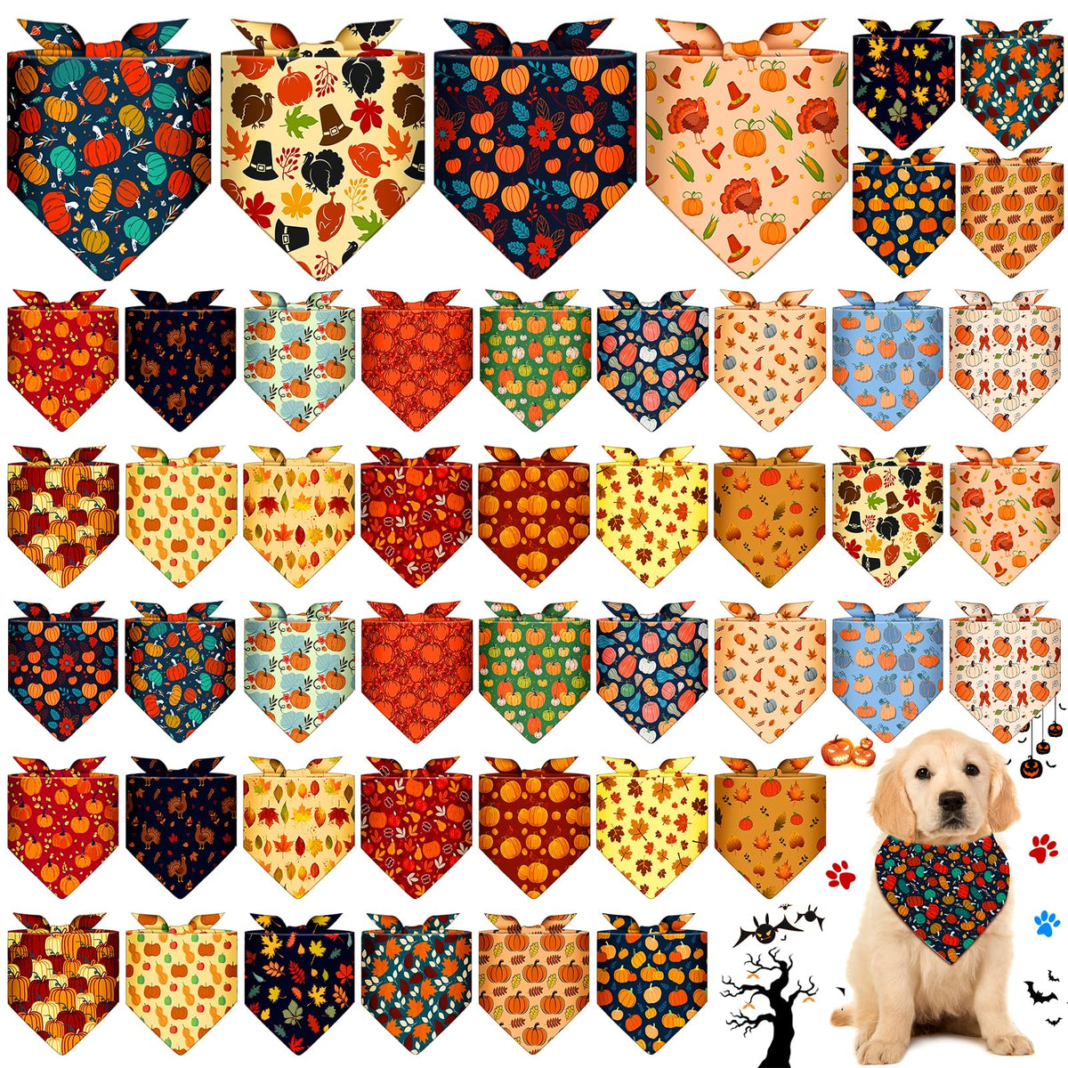 Sanwuta 48 Pcs Dog Bandanas Bulk Pet Bibs Colorful Scarf Pet Bandanas Handkerchief Scarf Breed Accessories for Small Medium Large Dogs Girl Boy Adjustable Puppy Bandana Breed Bib (Thanksgiving)