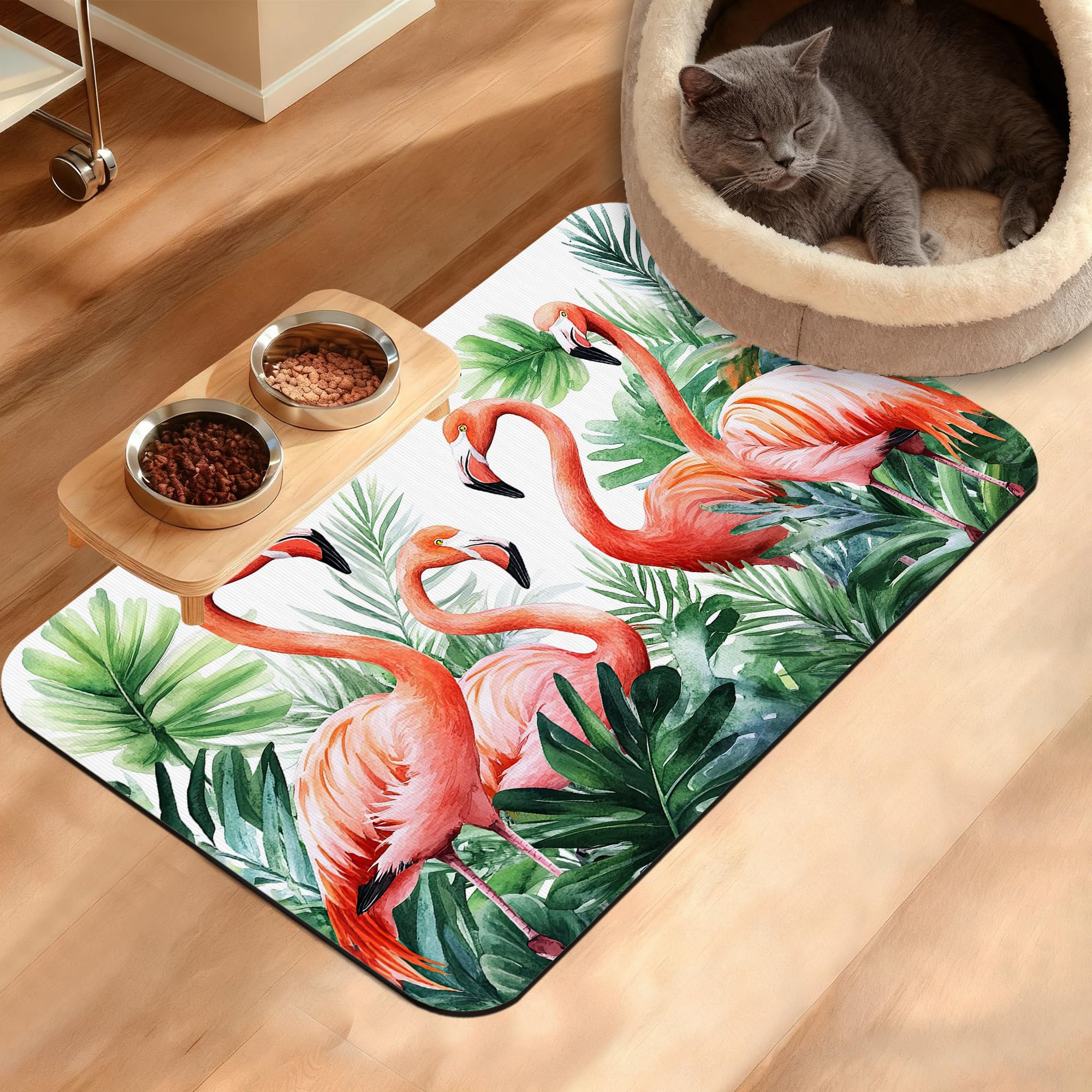 Pink Flamingo Dog Food Mat,Plam Leaves Absorbent Pet Feeding Mat for Food and Water Bowl,Quick Dry Dog Placemat Non Slip Rubber Backing Waterproof Pet Supplies 16" x 24"