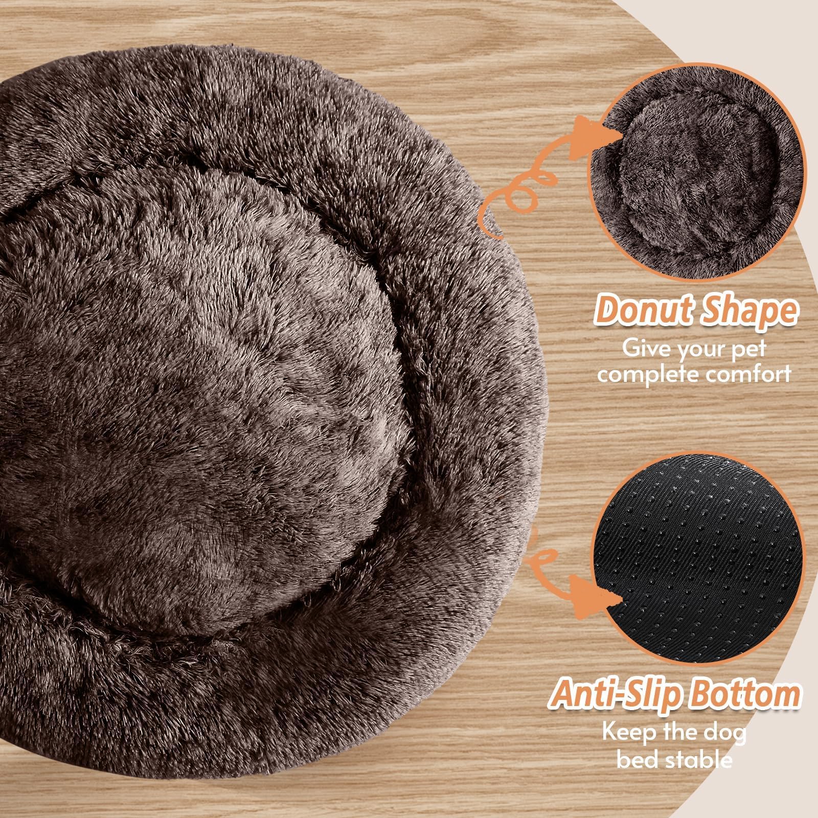 JOLLYVOGUE Calming Dog Beds Large Sized Dog, 36in Donut Washable Large Pet Bed, Anti-Slip & Anti-Anxiety Fluffy Faux Fur Round Dogs Bed, Fits up to 80 lbs Pets （Chocolate）