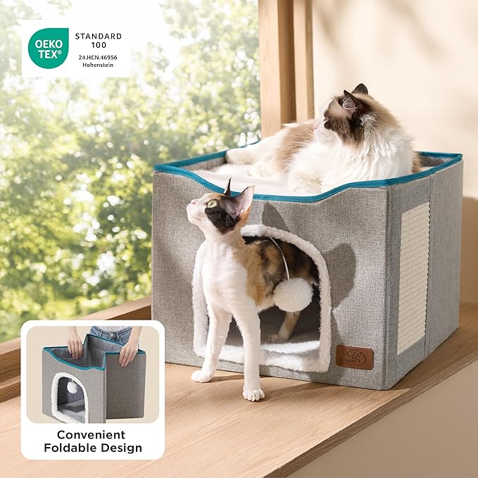 Bedsure Cat House Bed for Indoor Cats with Fluffy Ball and Scratch Pad