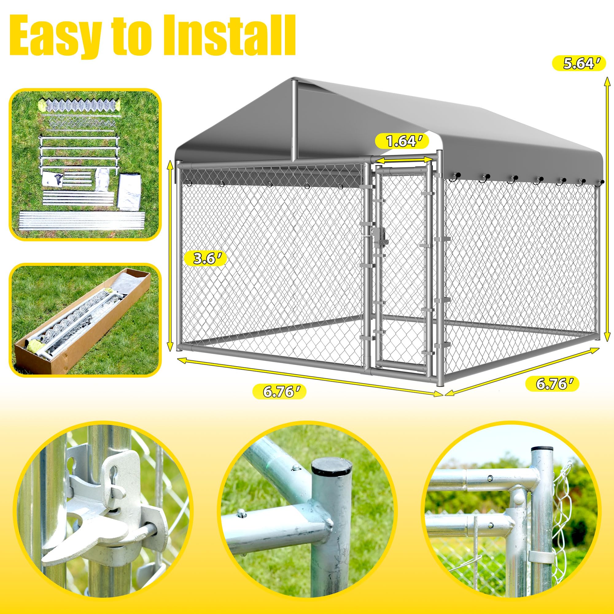 Dog Kennel Outside with Roof, Large Dog Run Enclosure, Outdoor Heavy Duty Pens House Pet Playpen with Galvanized Chain Link Waterproof Cover and Secure Lock(6.76'Lx6.76'Wx5.64'H)