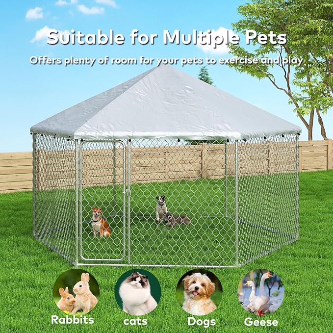 6.8x6.8 FT Outdoor Dog Kennel Outside Heavy Duty Dog Enclosure with Waterproof Cover and Security Lock, Galvanized Wire Mesh Hexagonal Large Dog Kennel(81x81x95.3IN)