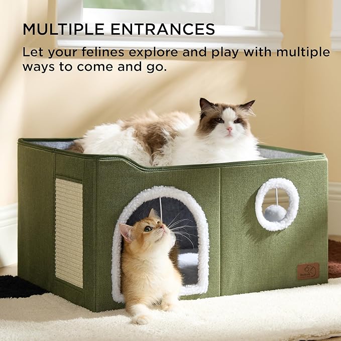 Bedsure Extra Wide Cat House Bed with Fluffy Ball and Scratch Pad