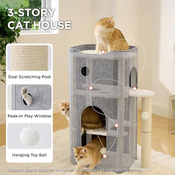 Bedsure 3-Level Cat Tree for Indoor Cats with Scratching Post,Grey